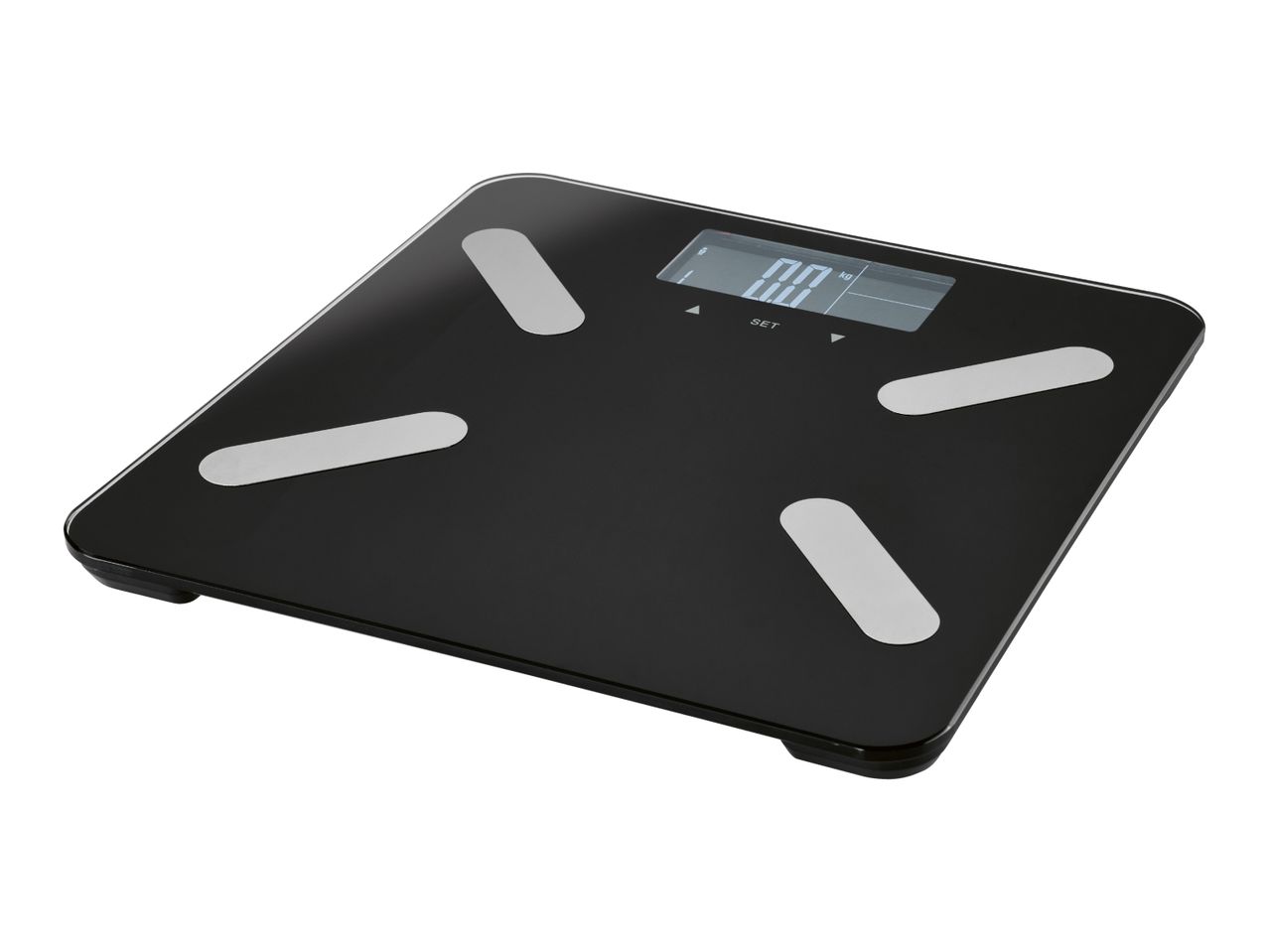 Black digital bathroom scale with silver electrodes and a display showing '0.0 kg'