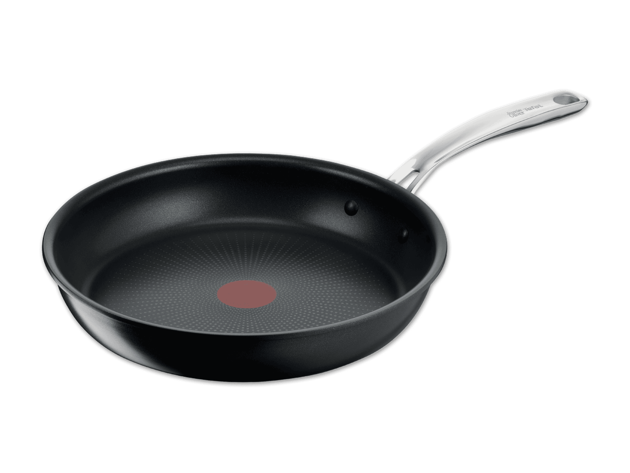 Schwarze Jamie Oliver by Tefal Bratpfanne mit silbernem Griff auf schwarzem Hintergrund.