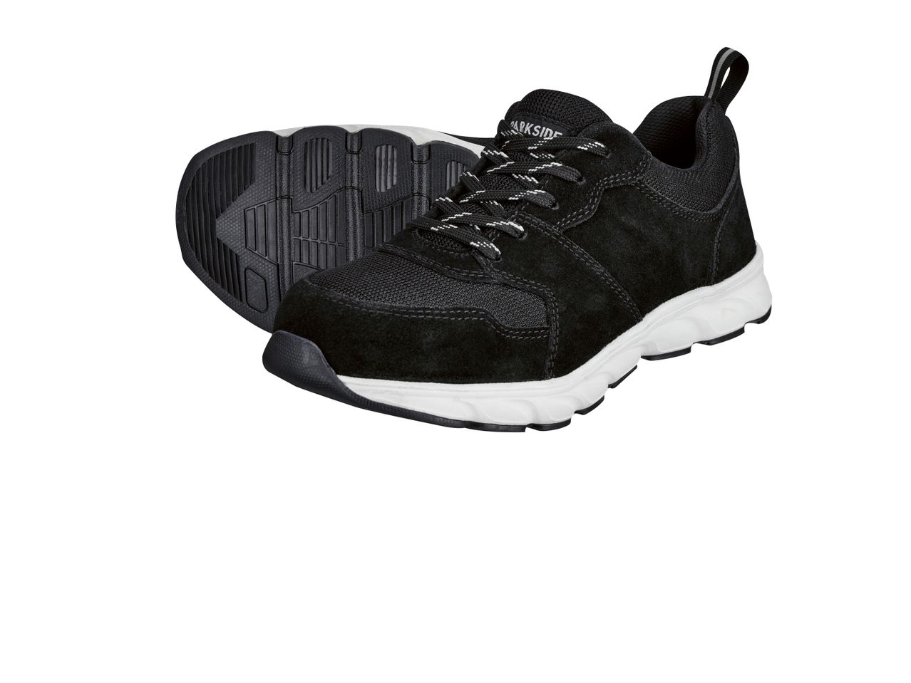 Black and white Parkside safety shoes with a textured sole.