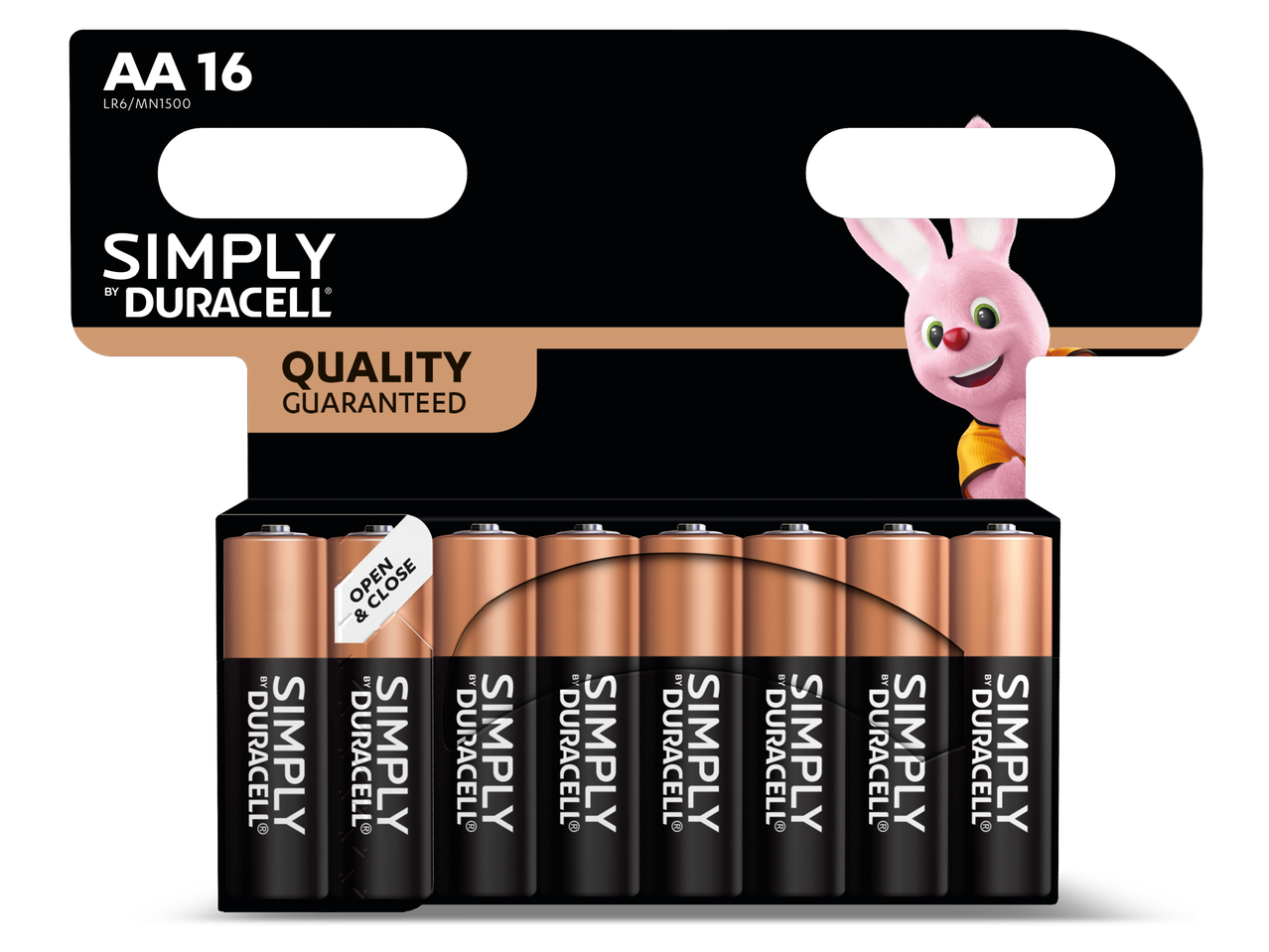 Duracell Simply AA 16-pack batterijen met de Duracell-konijn en de tekst 'Quality Guaranteed'.