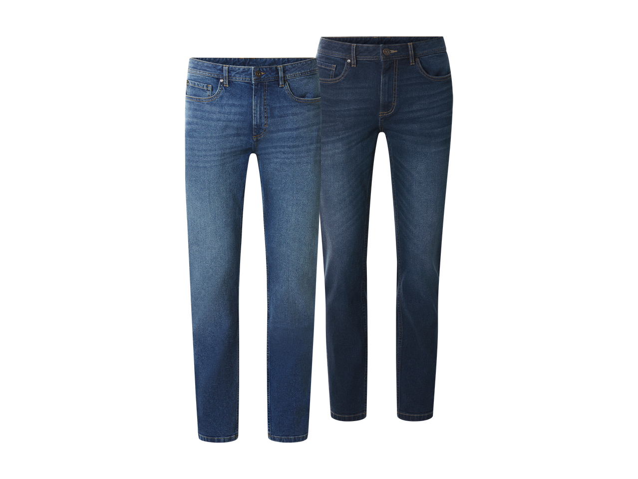 Dvoje muških traperica u svijetloj i tamnoj boji.