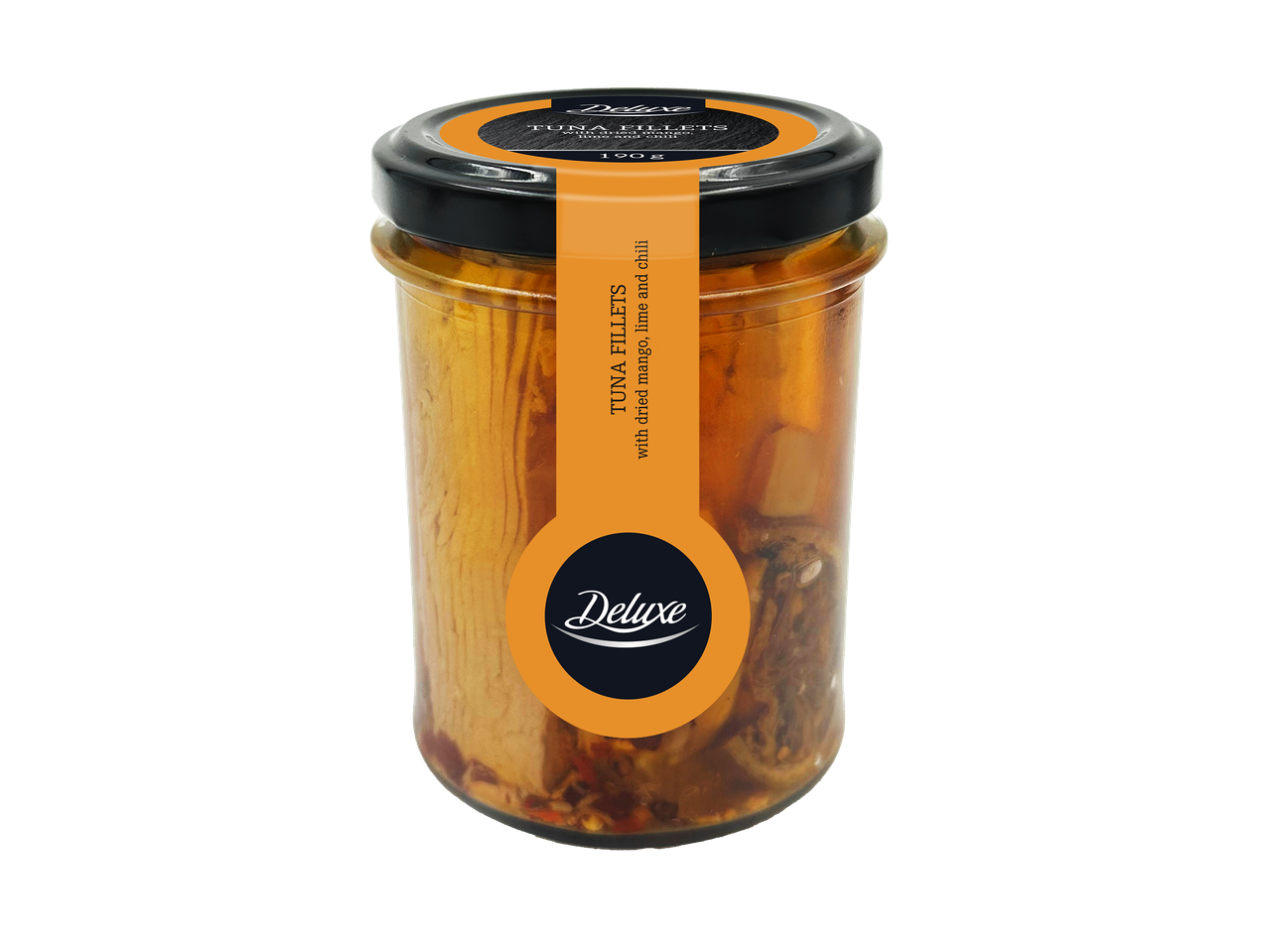 Bocal de filets de thon avec mangue séchée, citron vert et piment, 190g.