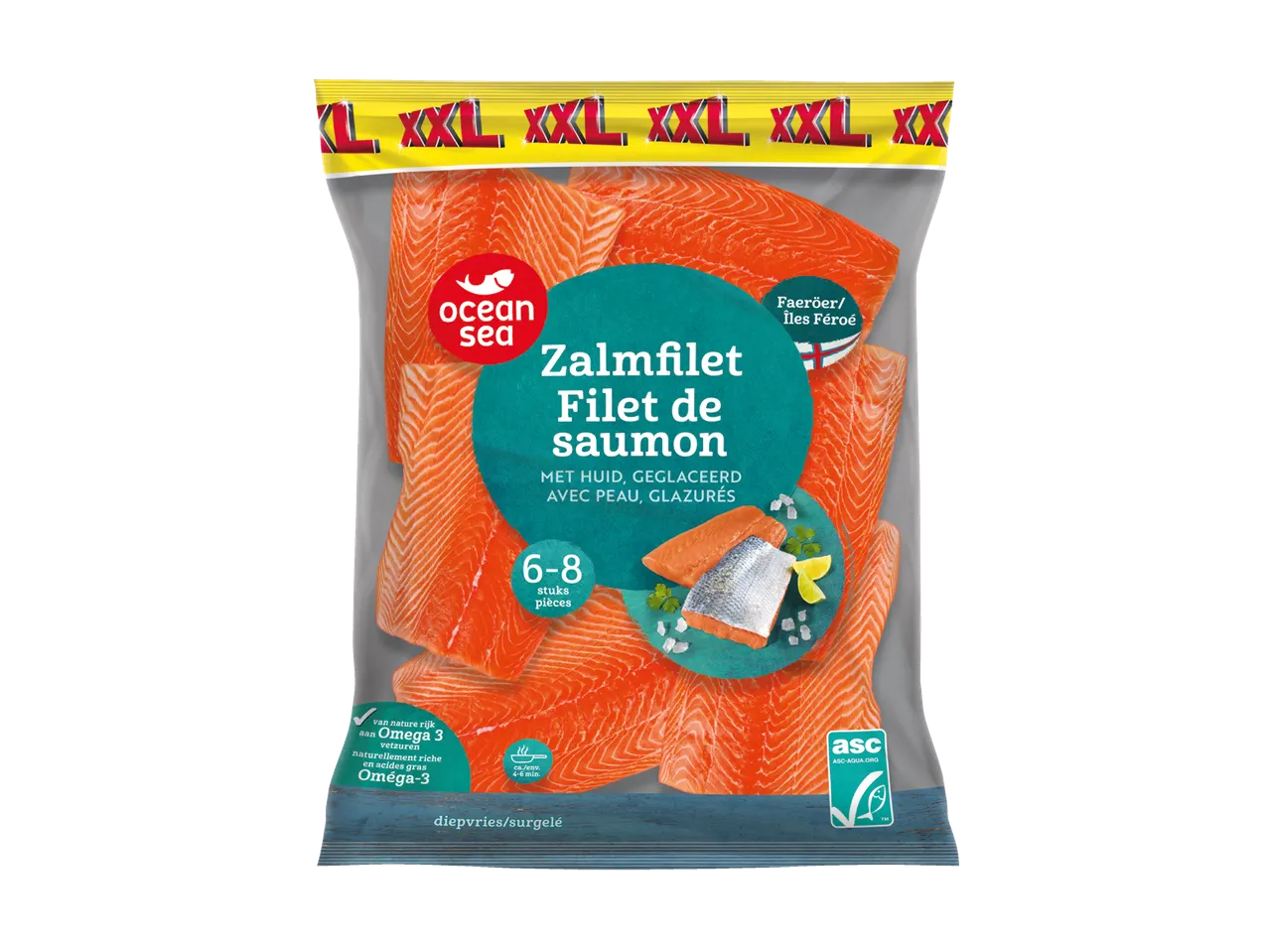 Verpakking met zalmfilet met huid, 6-8 stuks, rijk aan Omega-3, diepvries.