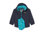 Dunkelblaue Kinderjacke mit Kapuze und einem Beutel mit blau-gelbem Muster.
