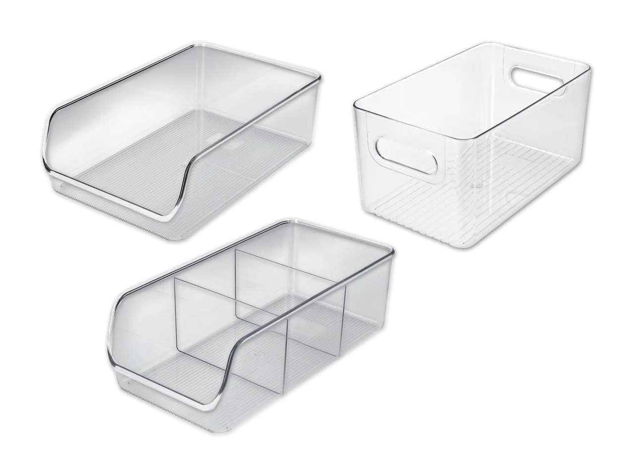 Drei transparente Ordnungsboxen aus Kunststoff in verschiedenen Ausführungen.