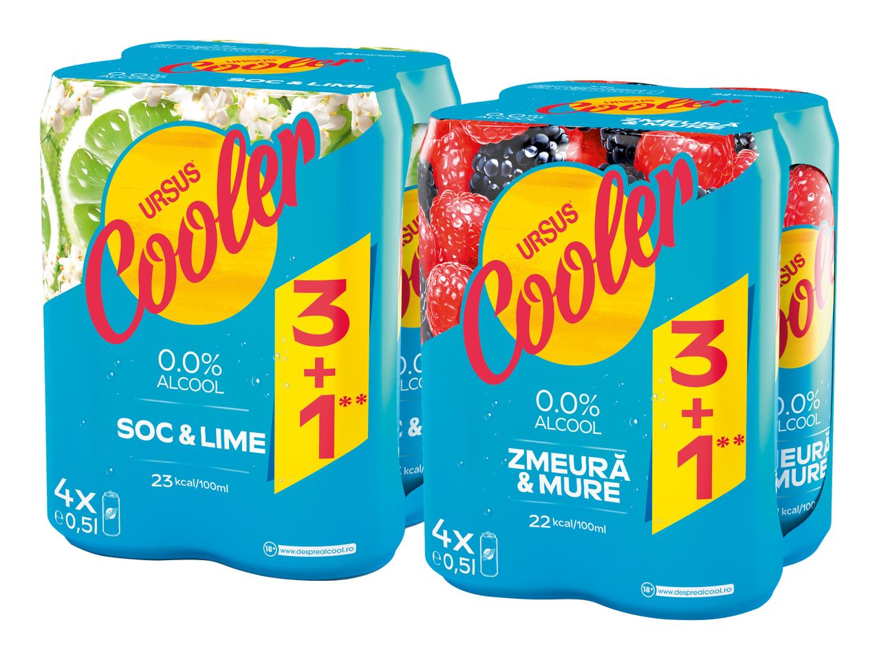 Pachet Ursus Cooler cu 4 doze de 0,5l, arome soc&lime și zmeură&mure.