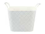 White laundry basket with blue geometric pattern and handles