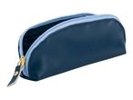 Open dark blue pencil case with a light blue zipper and a gold pull tab.