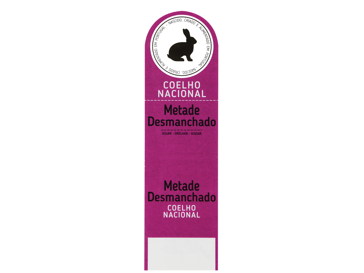 Etiqueta de coelho nacional com a indicação 'Metade Desmanchado' e sugestões de preparação.