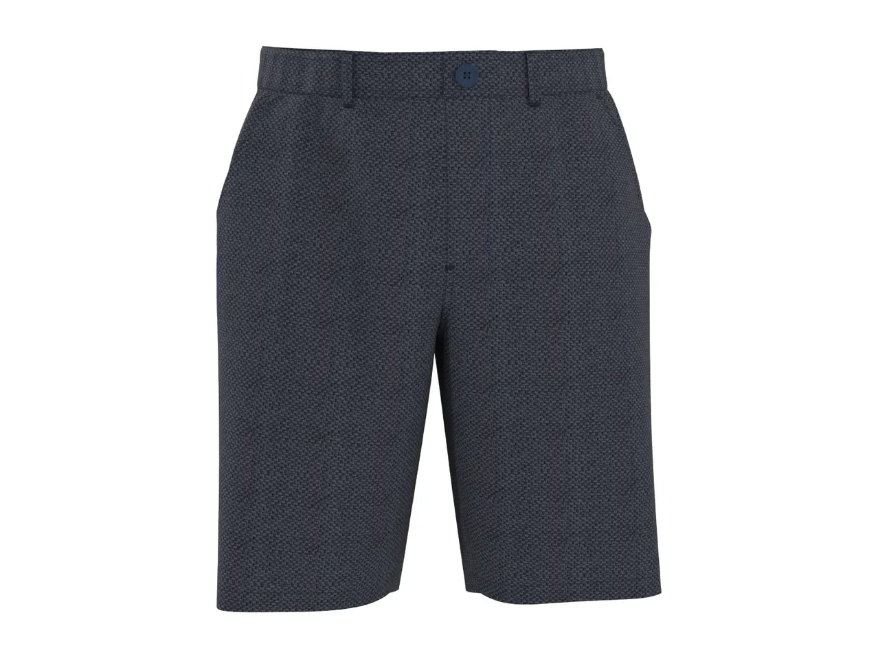 Dark blue men's shorts with a subtle textured pattern and a single button closure.