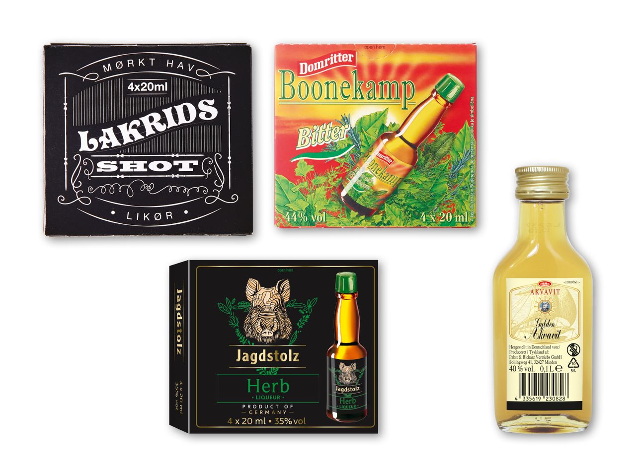 En samling af små flasker med spiritus, herunder lakridsshot, bitter og urtesnaps.