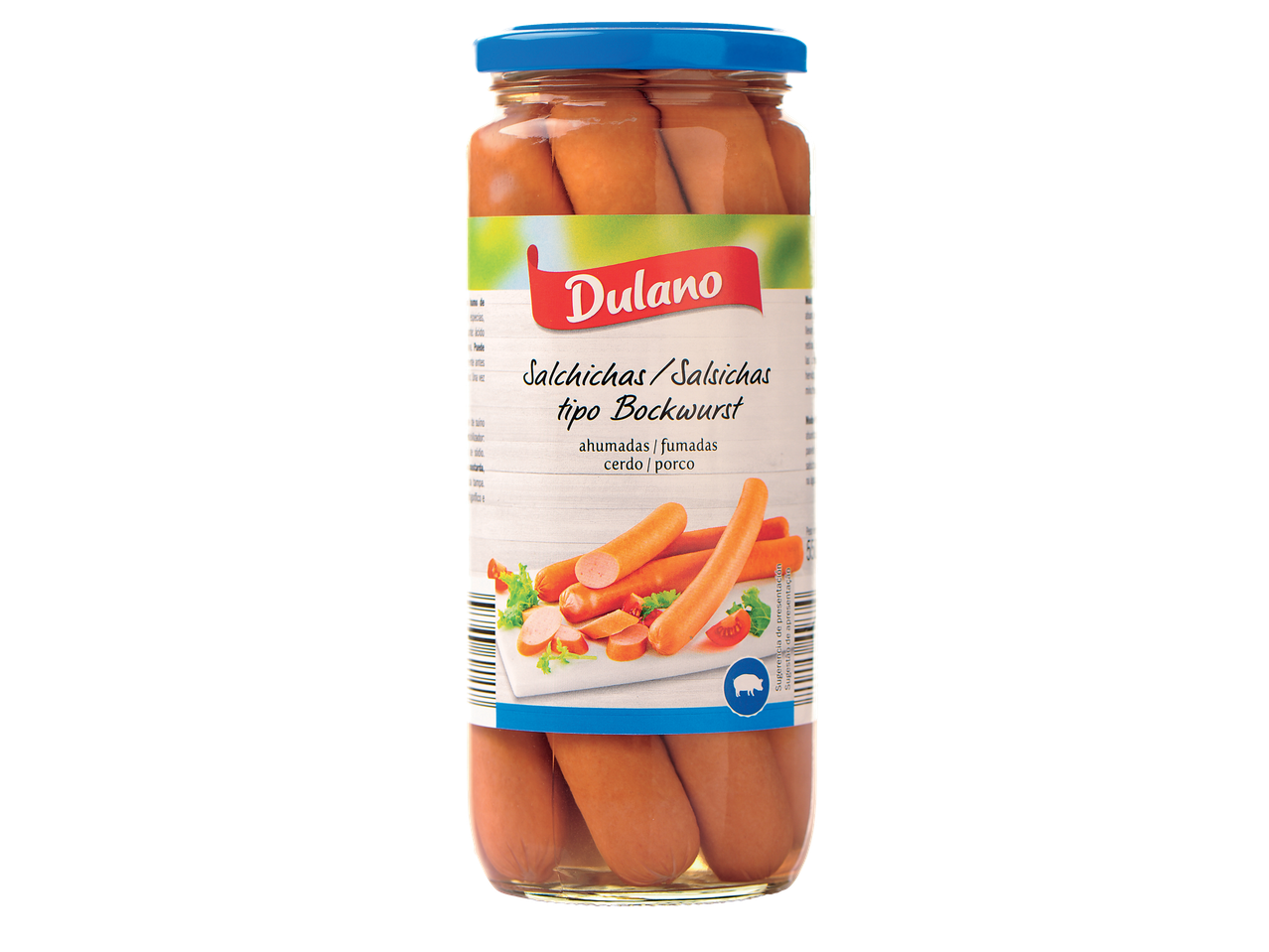 Salsichas Dulano tipo Bockwurst em um frasco de vidro.