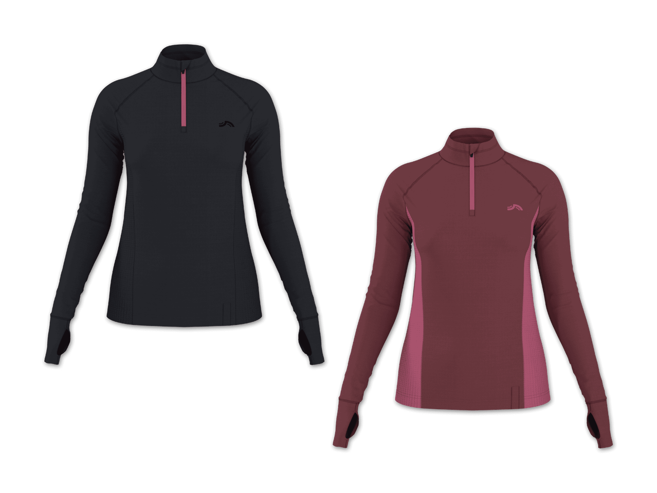 Zwei langärmlige Sportshirts mit Reißverschluss, eines in Dunkelgrau und eines in Weinrot.