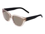 Stylish sunglasses with clear frames and dark lenses, featuring black temples.
