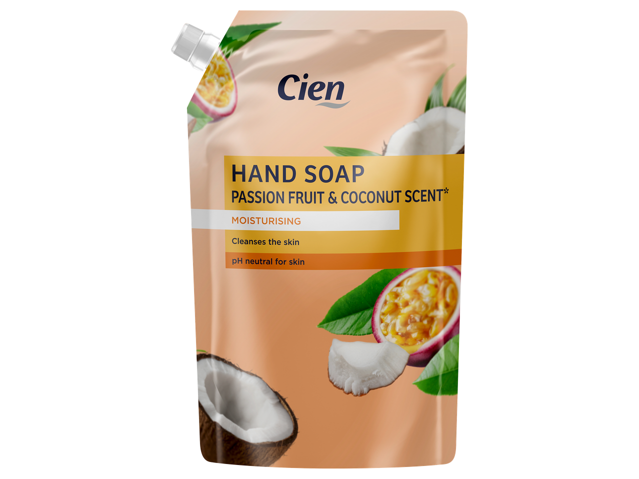 Savon liquide parfum fruit de la passion et noix de coco, hydratant et pH neutre.