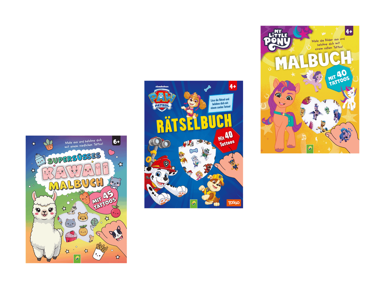 Trois livres d'activités pour enfants avec des thèmes de dessins animés et des tatouages inclus.