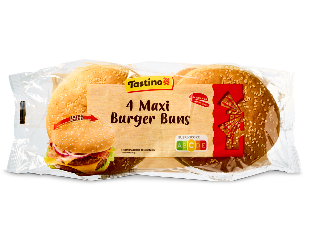 Tastino 4 Maxi Burger Buns, extra groot en voorgesneden, met Nutri-Score C.