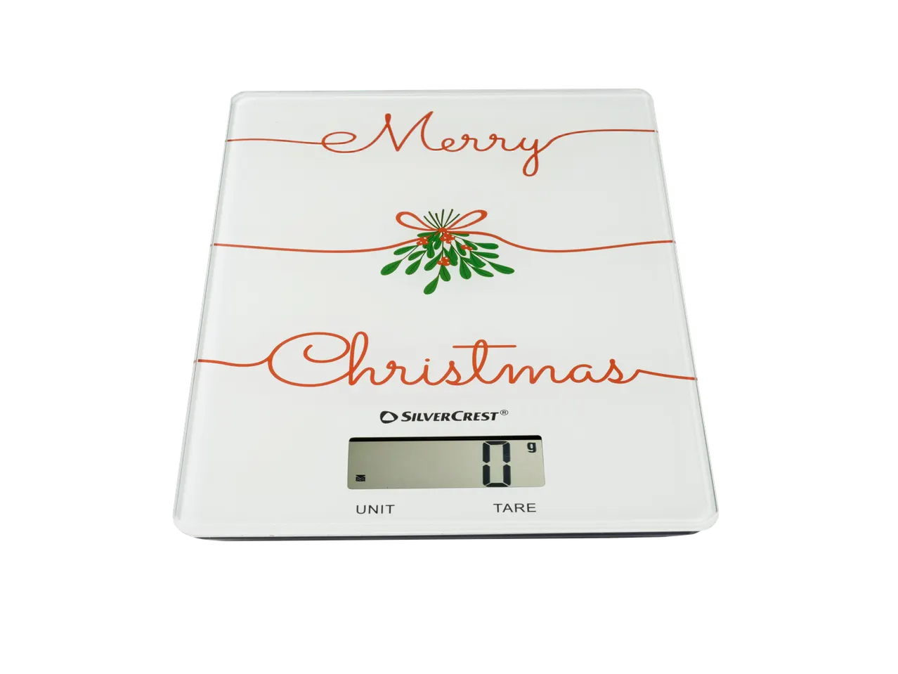 SILVERCREST® Digital Kitchen Scales with a 'Merry Christmas' design and mistletoe.