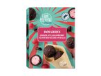 Box of chocolate and raspberry ice cream balls, with a Rainforest Alliance cocoa seal.
