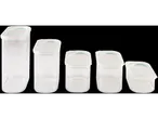 A set of five clear plastic storage containers with white lids, varying in size.
