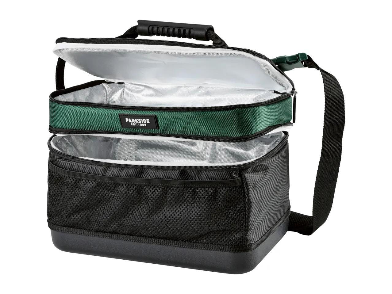 Two-tier cooler bag in black and green with a handle and shoulder strap, open to show insulated interior.