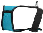 A teal and black dog harness with a metal ring.
