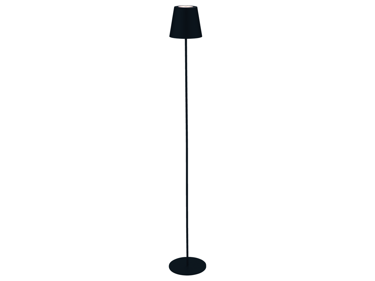 Lampe sur pied moderne, noire, avec abat-jour conique.