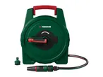 Green hose reel with a red handle, a hose, and a nozzle