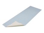 Blue and white checkered mat with a curled corner, revealing a textured underside.