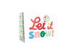 A large kids' gift bag with a Santa Claus pattern and 'Let it snow!' text.