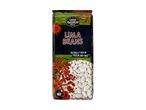 Black and green bag of Lima Beans with Latin American style design, showing beans through a window.