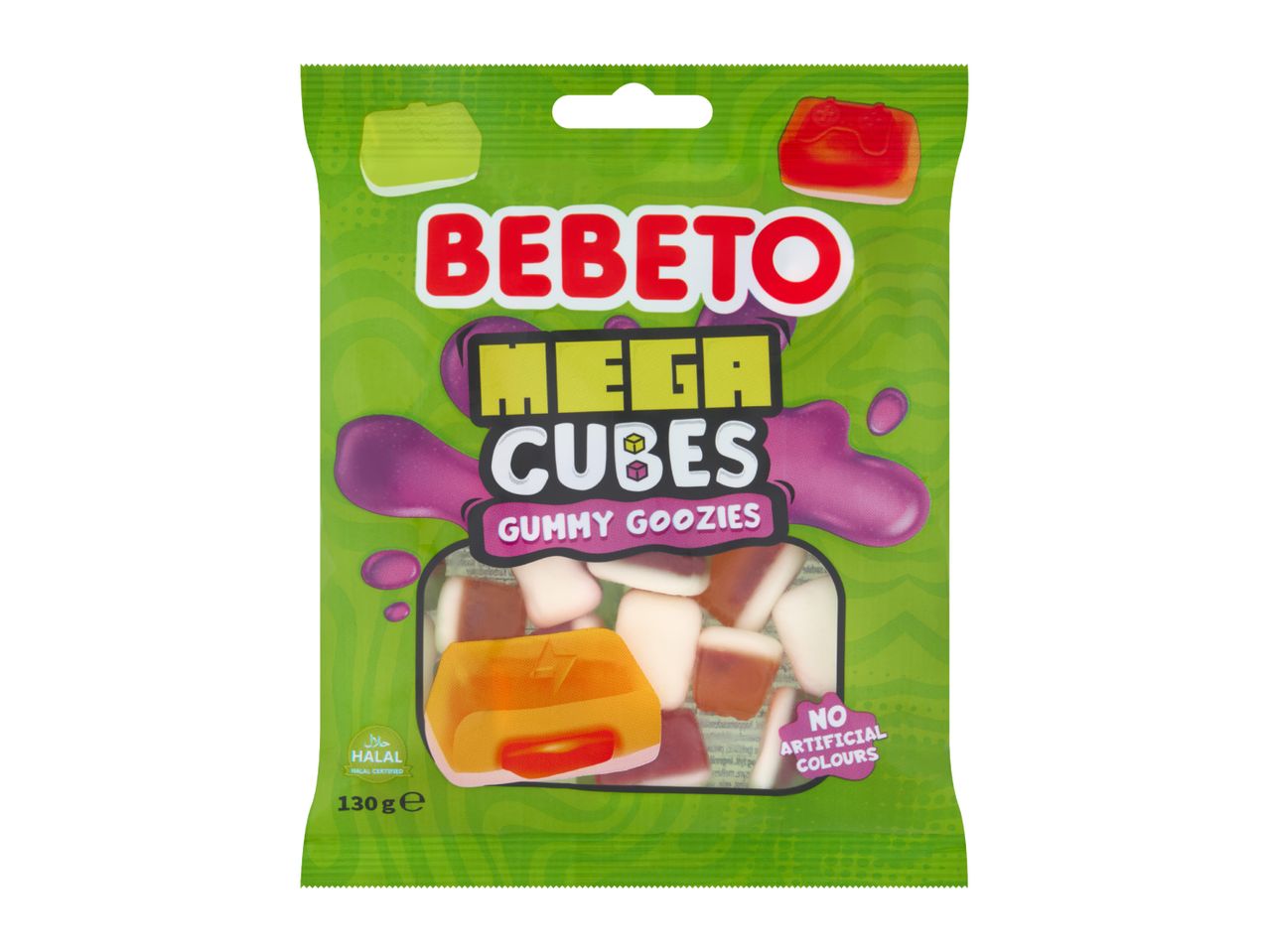 A 130g bag of gummy cubes with no artificial colours and halal certification.