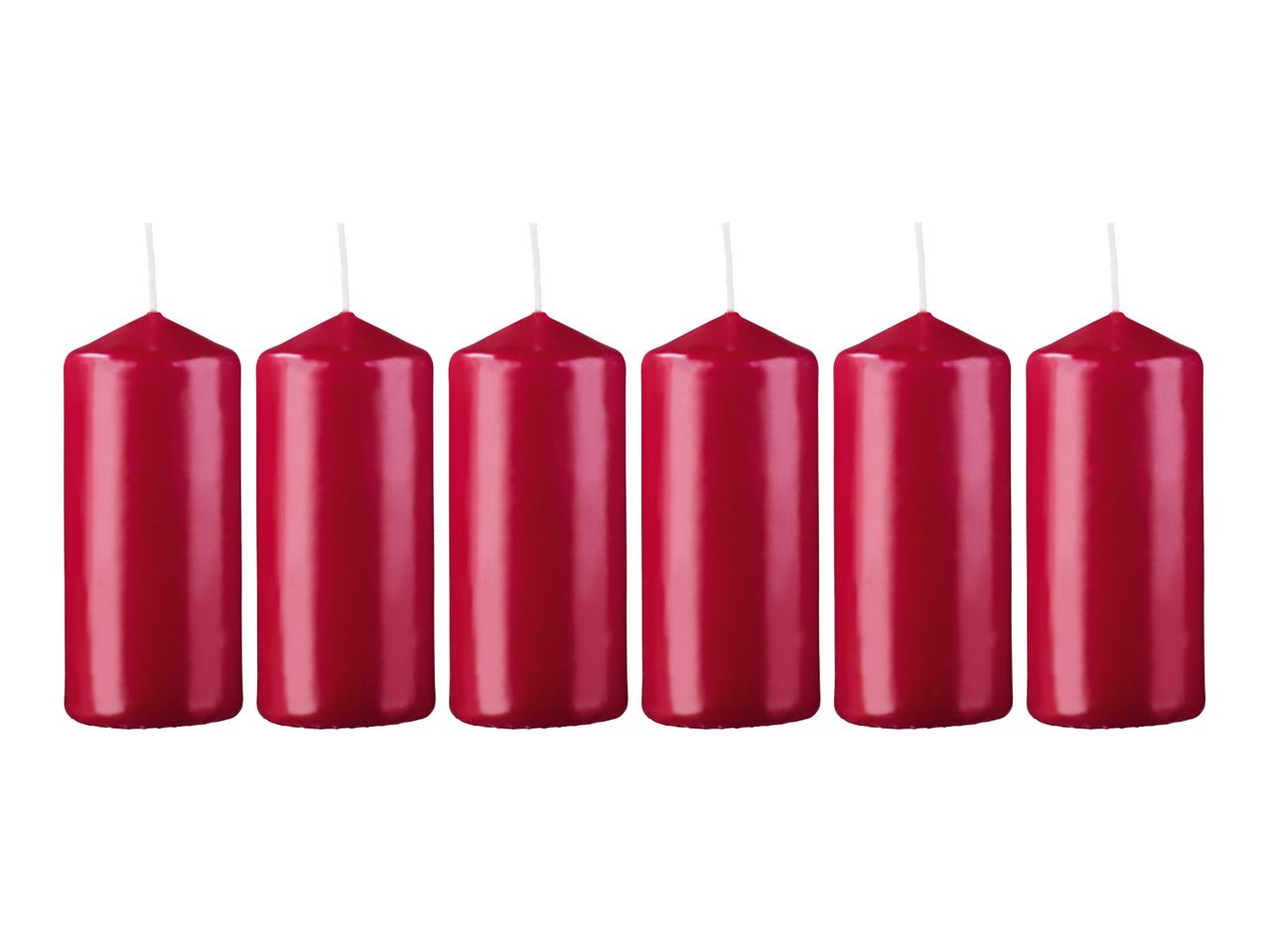 Six red pillar candles with wicks, arranged in a row against a white background.