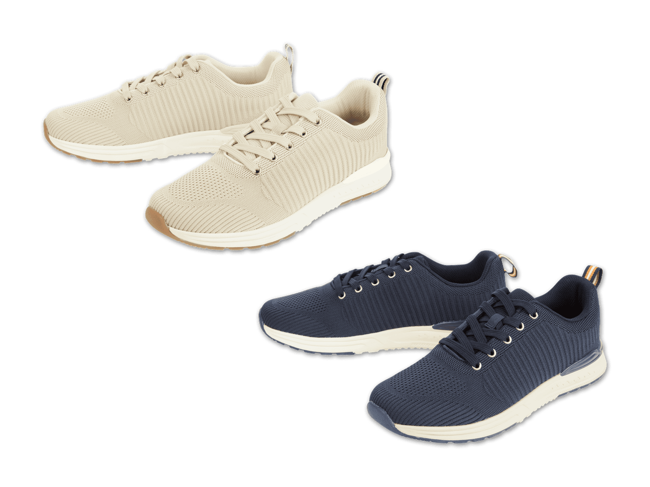 Beige und dunkelblaue Strick-Sneaker mit weißen Sohlen.