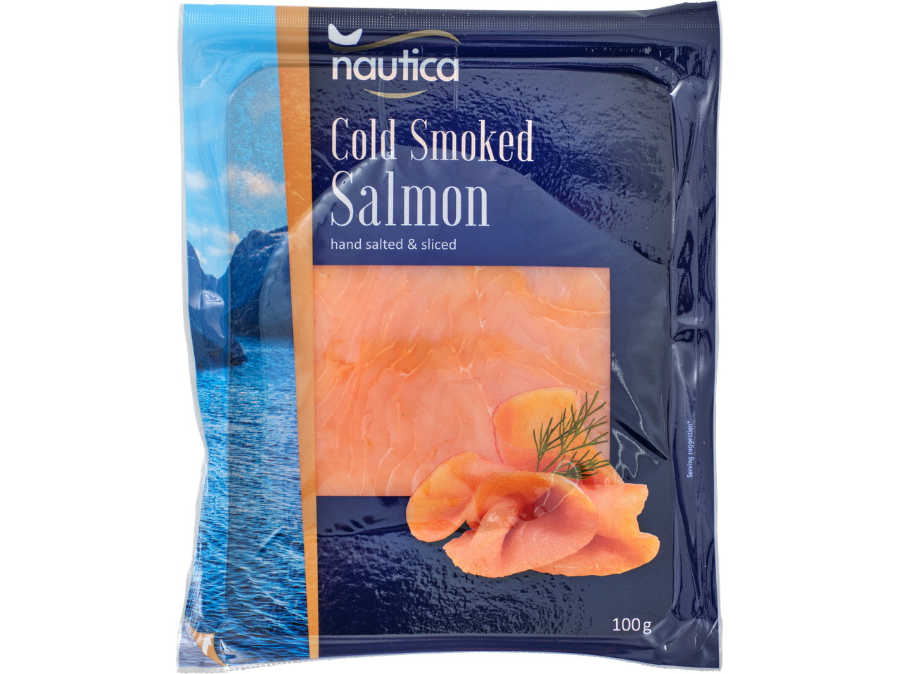 NAUTICA Lõhefilee, viilutatud, 100g pakend, millel on kujutatud suitsulõhe viilud.