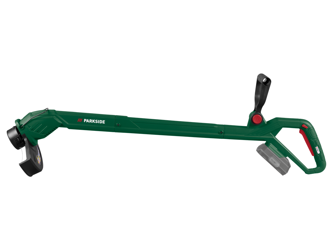 Trimmer de gazon PARKSIDE verde cu baterie, vedere laterală.