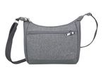 Grey shoulder bag with a textured fabric and a front zipper pocket.