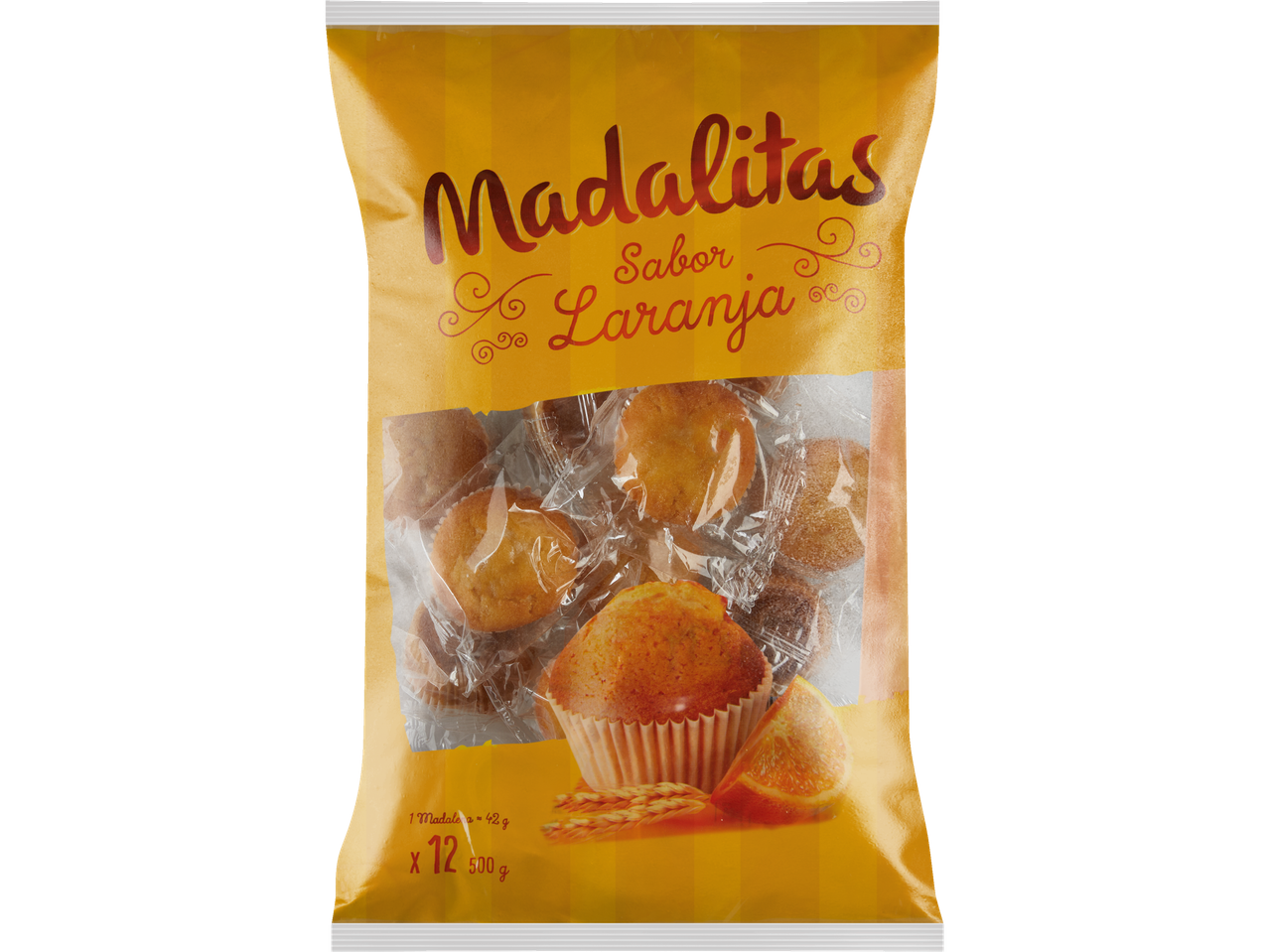 Brioșe Madalitas cu aromă de portocale într-un ambalaj galben.