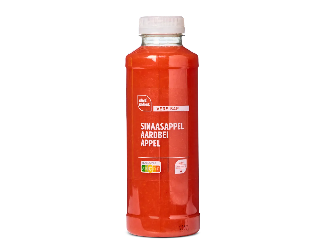 Chef Select fles koudgeperst sinaasappel, aardbei en appelsap.