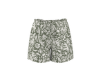 Green and white floral print shorts with a ruffled elastic waistband.