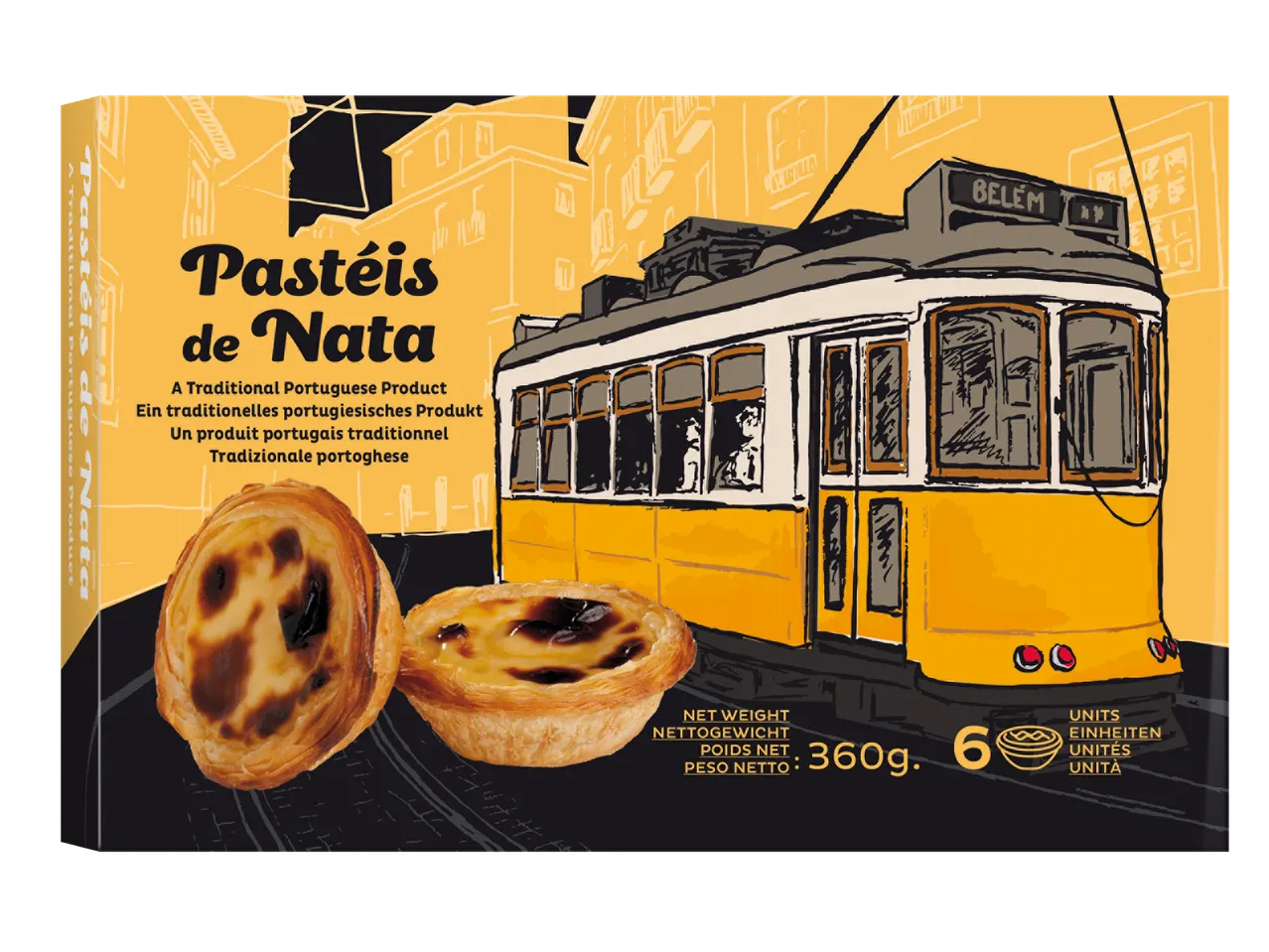 Box of six Pastéis de Nata, traditional Portuguese custard tarts, illustrated with a Lisbon tram.
