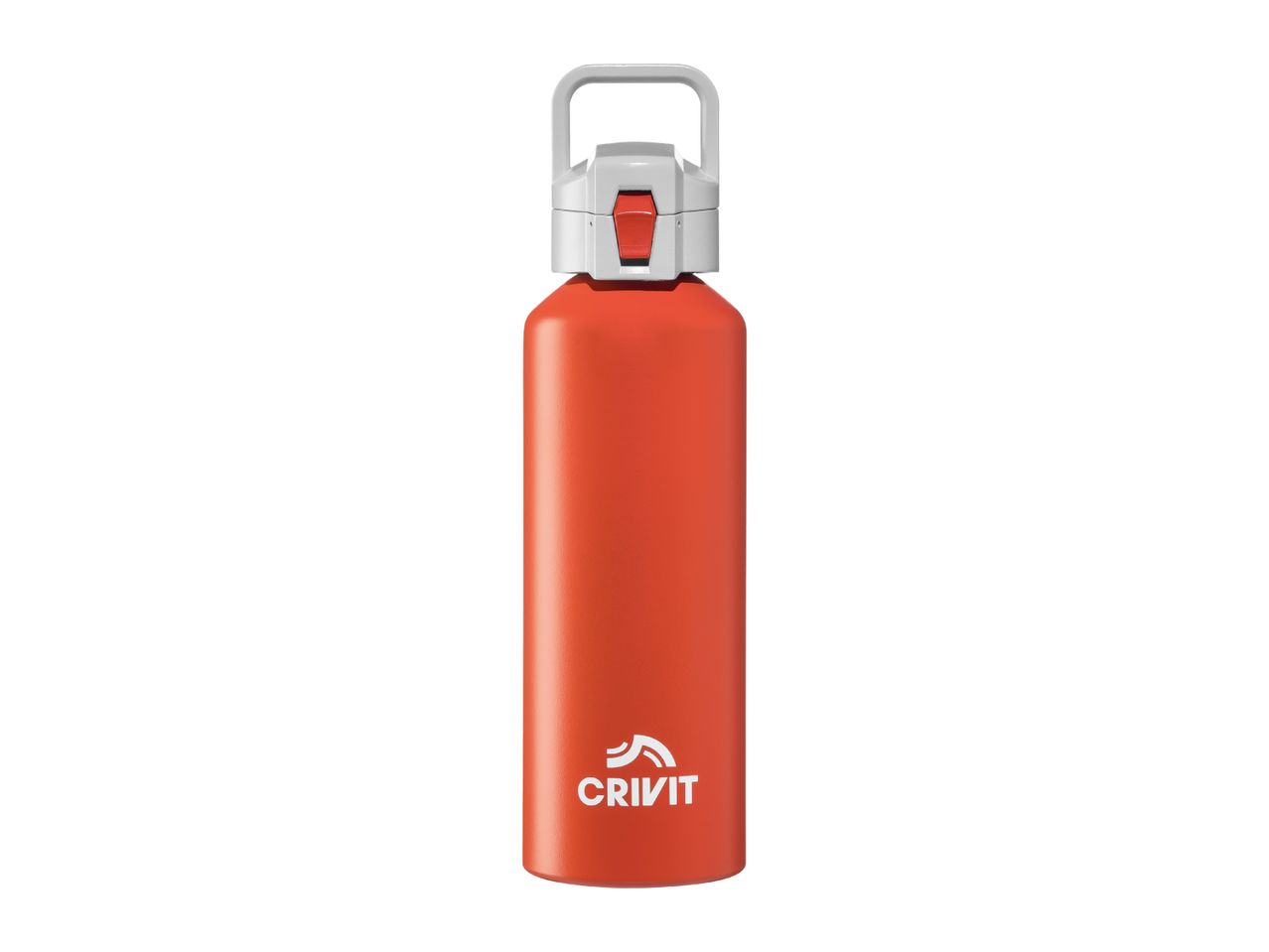 A Crivit orange aluminum water bottle with a gray lid and carrying handle.