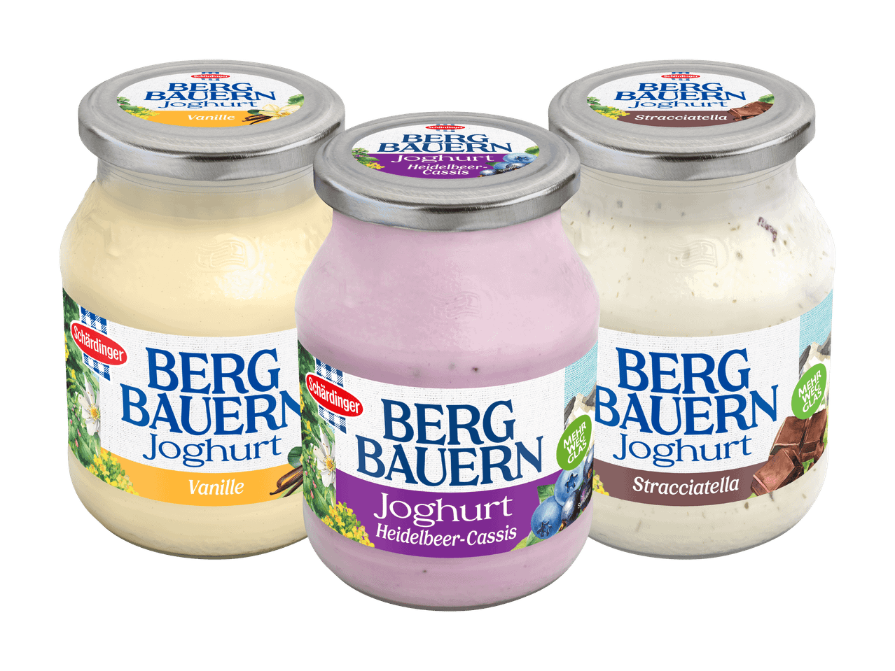 Drei Gläser Joghurt in den Sorten Vanille, Heidelbeer-Cassis und Stracciatella.