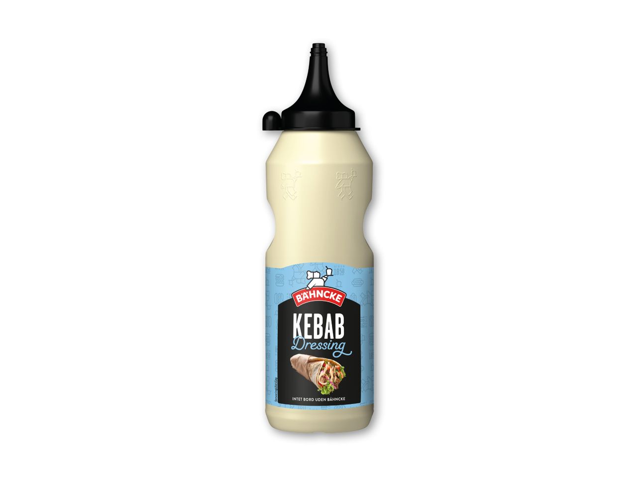 Kebabdressing i en hvid flaske med sort tud og etiket med kebabbillede.