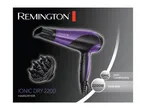 Purple hairdryer with diffuser, featuring ionic conditioning and 2200W power.