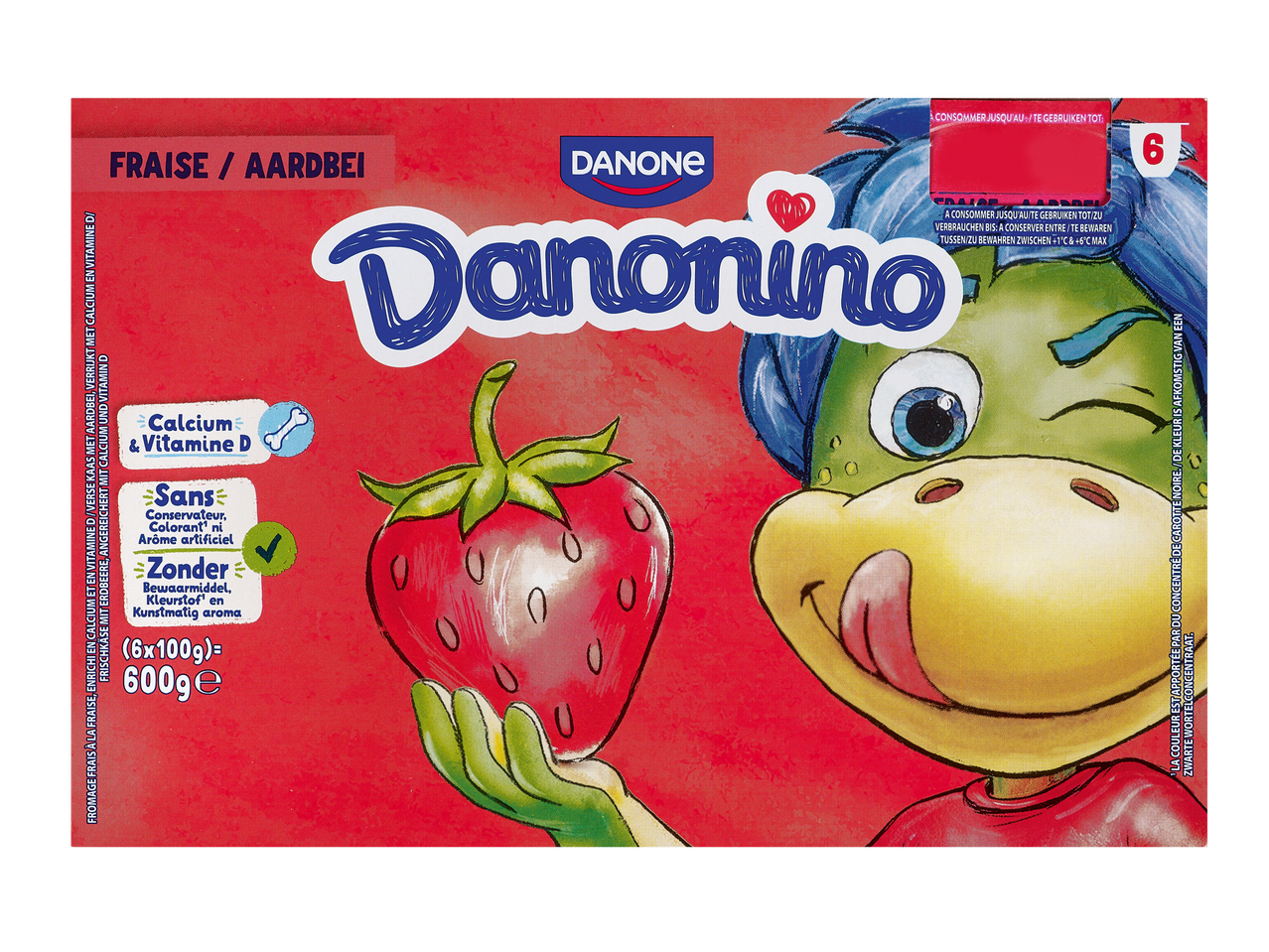 Yaourt Danonino à la fraise avec calcium et vitamine D, avec un dinosaure de dessin animé.