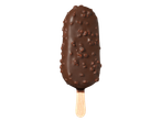 Gelado de chocolate com pedaços de nozes num pau de madeira.