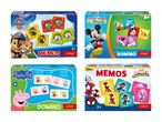 Fire børnespil: to memory-spil med Paw Patrol og Spidey og Amazing Friends, og to dominospil med Mickey Mouse og Gurli Gris.