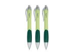 Three light green and dark green ballpoint pens with silver clips and tips.