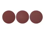 Three round sanding discs with different grits, arranged horizontally on a white background.